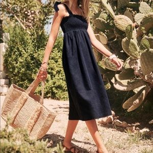 Sezane Kathy Dress Navy Linen Smocked Dress